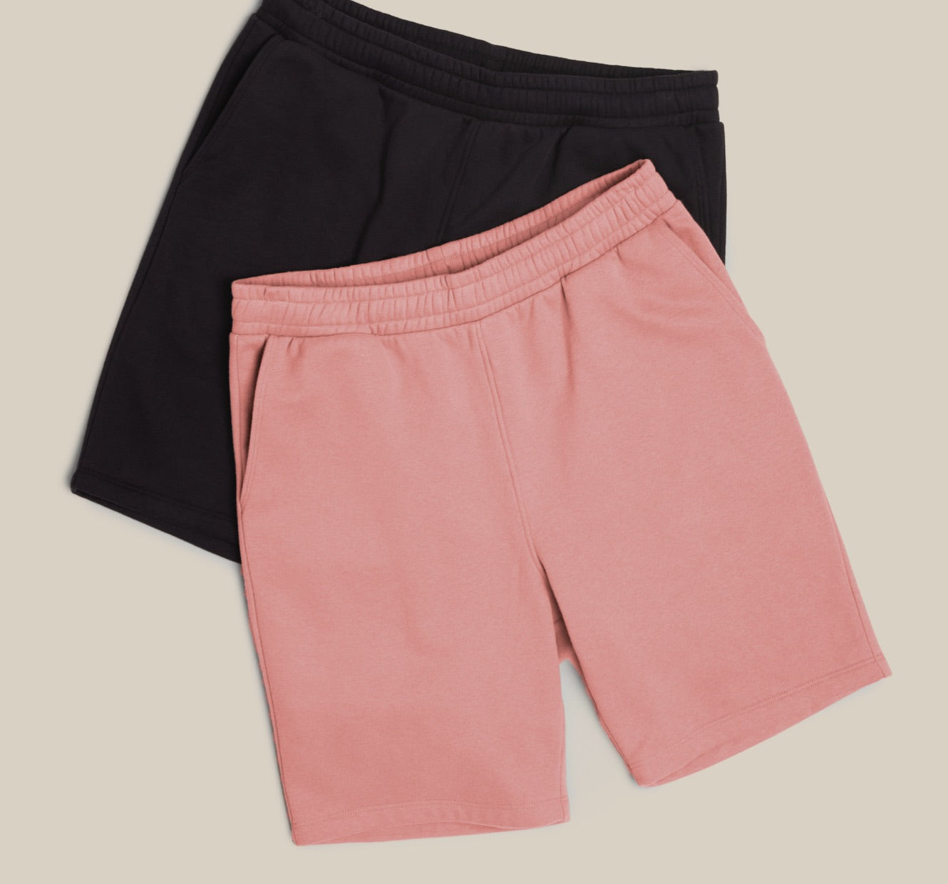 black mens sweat shorts and pink mens sweat shorts. 