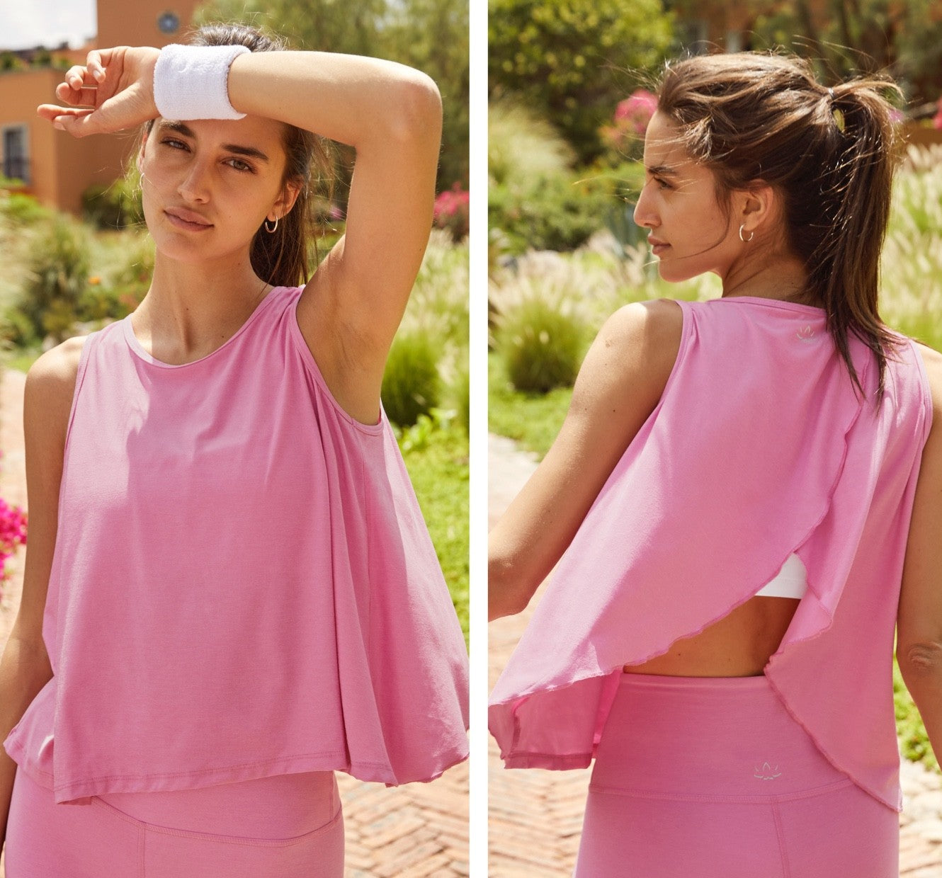 model is wearing a pink highneck tank top with an open back detail. 